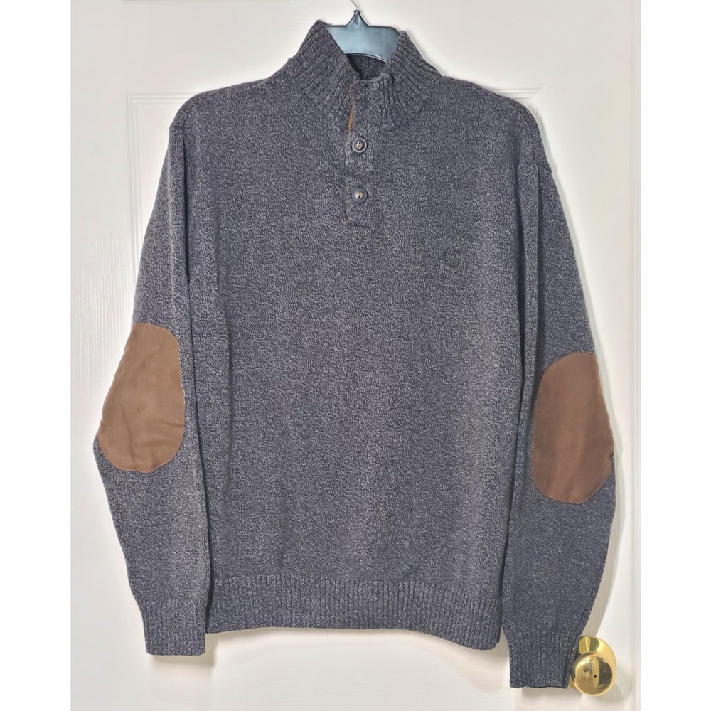 Chaps Men's Sweater Knit Academia Suede Elbow Patches 1/4 Button Mock Neck XL